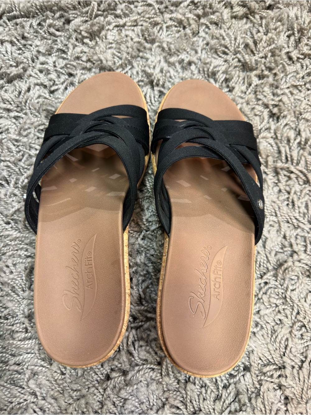 Skechers Black Strappy Slide Sandals with Brown Footbed